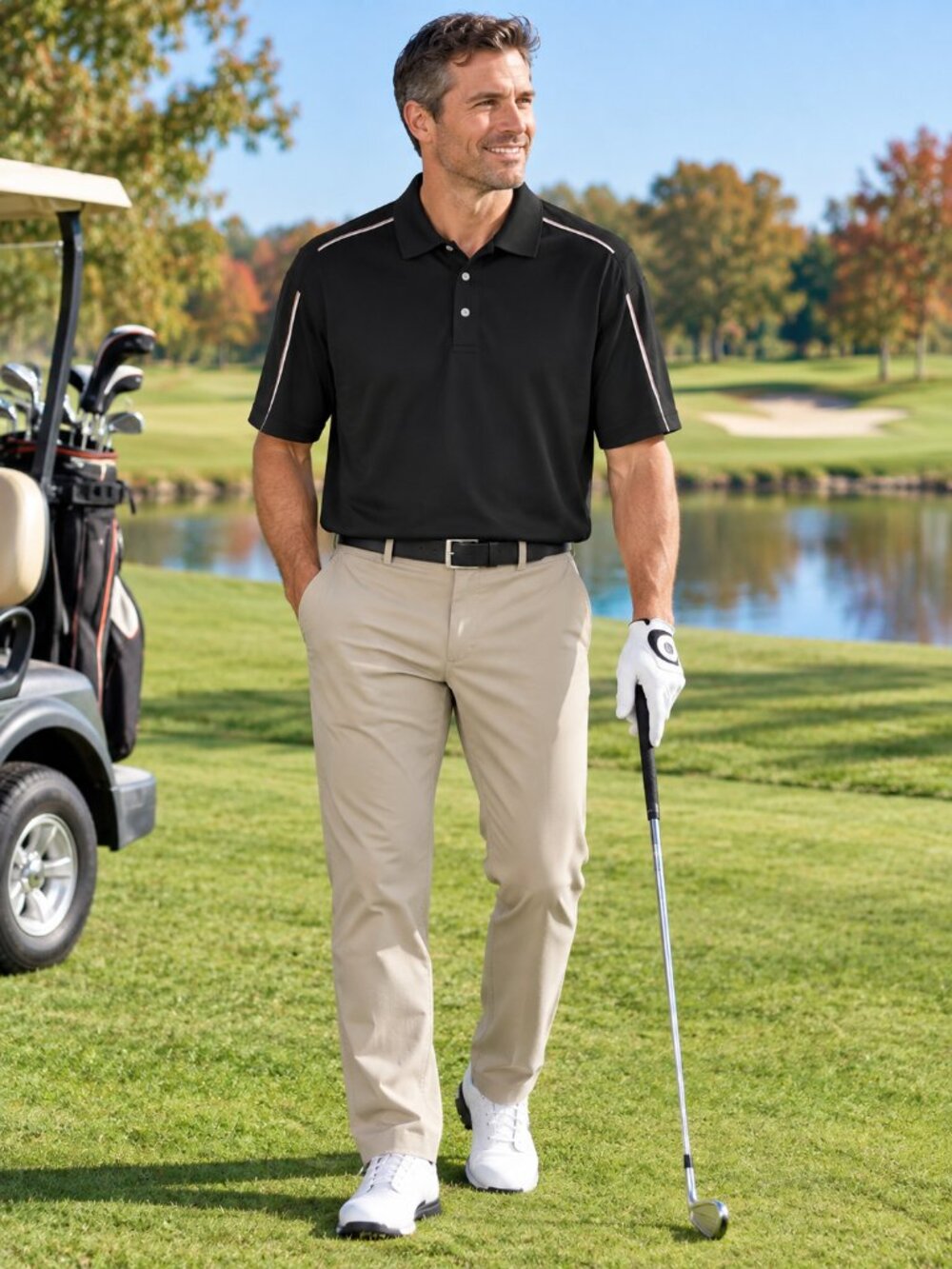 PGA TOUR Pro Series Golf Men's Polo Black w/White Accents (2) Back Vents L